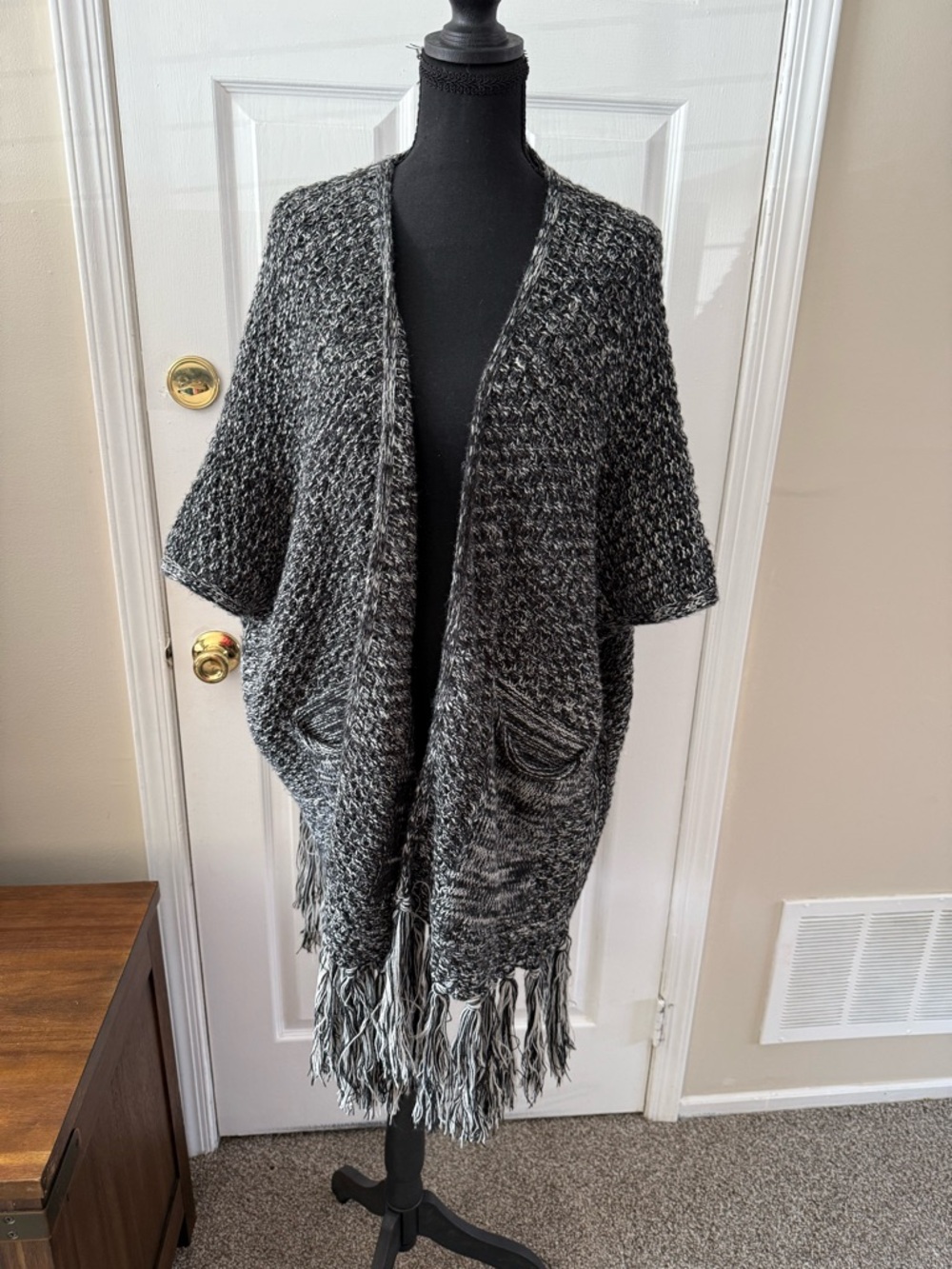 Steve Madden Black & Gray Knit Fringe Poncho Shrug